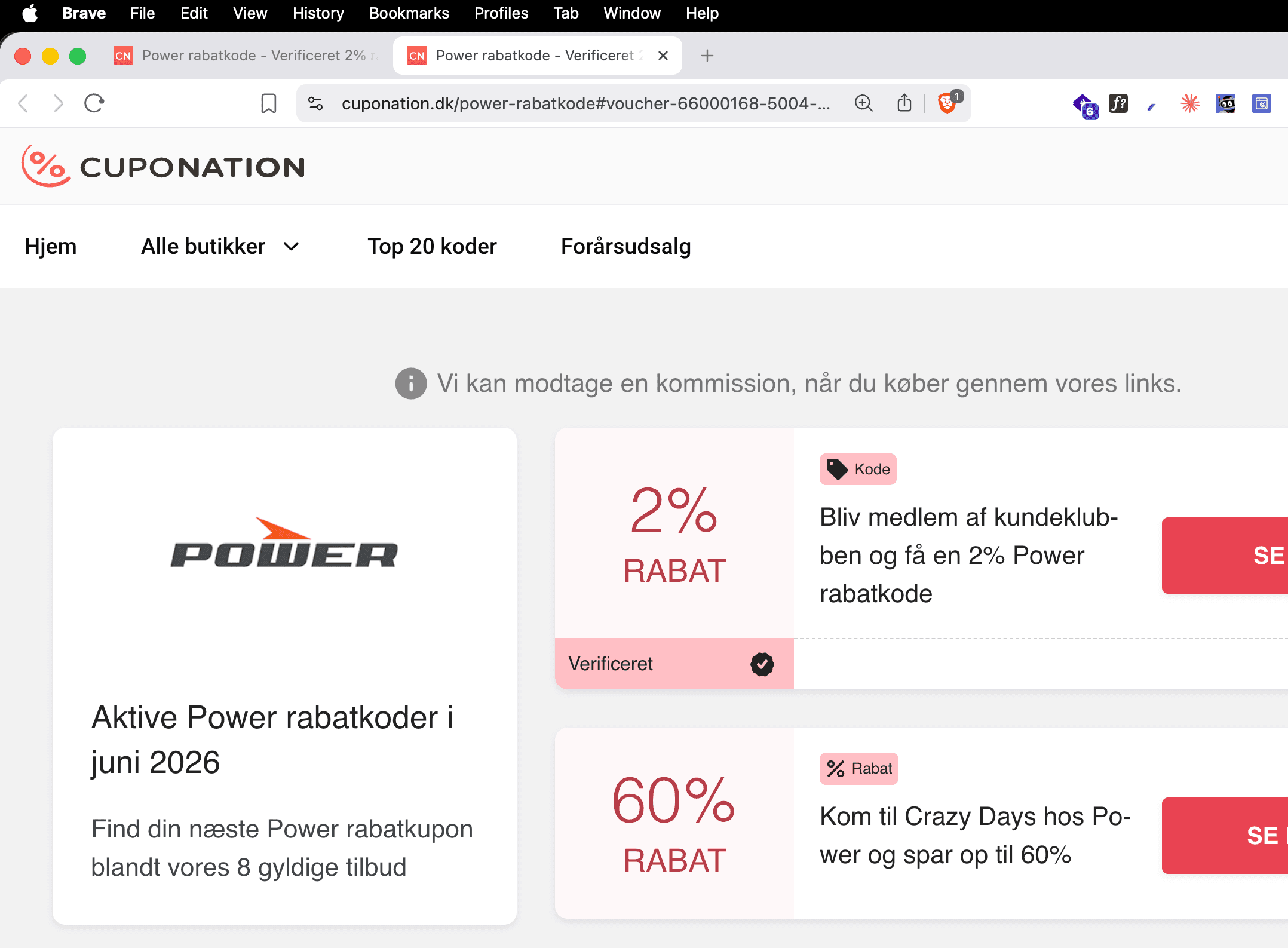 Cuponations egen oplysning om kommission ved køb gennem deres links