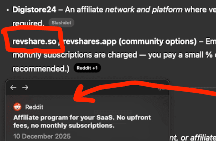 ChatGPT mention af revshare.so fra Reddit