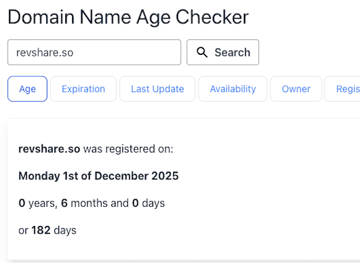 Domain age proof for revshare.so
