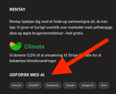 Eksempel på Udforsk med AI-links i Rentays footer
